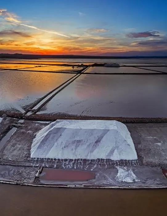 Framed Print : Aerial panoramic drone view of Burgas salt pans townscape at sunse.Saltworks industry Framed Print : Aerial panoramic drone view of Burgas salt pans townscape at sunse.Saltworks industry