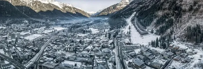 Framed Print : Aerial panoramic drone view of Chamonix Mont Blanc, in French Alps Framed Print : Aerial panoramic drone view of Chamonix Mont Blanc, in French Alps
