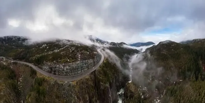 Framed Print : Aerial Panoramic drone view of Sea to Sky Highway during a cloudy winter morning Framed Print : Aerial Panoramic drone view of Sea to Sky Highway during a cloudy winter morning