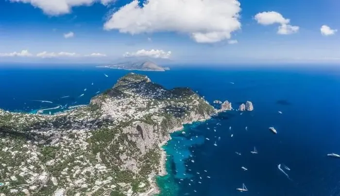 Framed Print : Aerial panoramic drone view of south Capri Island crag coastline with faraglioni in summer time Framed Print : Aerial panoramic drone view of south Capri Island crag coastline with faraglioni in summer time
