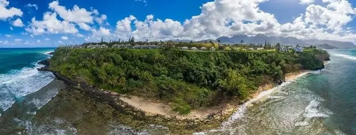 Framed Print : Aerial panoramic image off the coast over Princeville and the Kenomene Ocean Sunset Overlook on Hawaiian island of Kauai Framed Print : Aerial panoramic image off the coast over Princeville and the Kenomene Ocean Sunset Overlook on Hawaiian island of Kauai