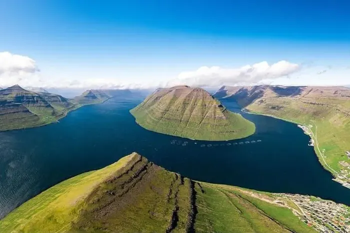 Framed Print : Aerial panoramic of Kunoy Island and Klaksvik city along the fjord from Klakkur mountain, Bordoy Island, Faroe Islands Framed Print : Aerial panoramic of Kunoy Island and Klaksvik city along the fjord from Klakkur mountain, Bordoy Island, Faroe Islands