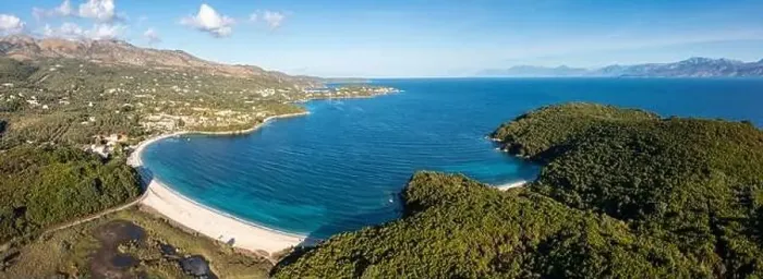 Framed Print : Aerial panoramic landscape view of Avlaki Beach on the north coast of Corfu, Ionian Islands, Greece Framed Print : Aerial panoramic landscape view of Avlaki Beach on the north coast of Corfu, Ionian Islands, Greece