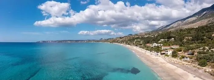 Framed Print : Aerial panoramic landscape view of Lourdas Beach on the south coast of Kefalonia, Ionian Islands, Greece Framed Print : Aerial panoramic landscape view of Lourdas Beach on the south coast of Kefalonia, Ionian Islands, Greece