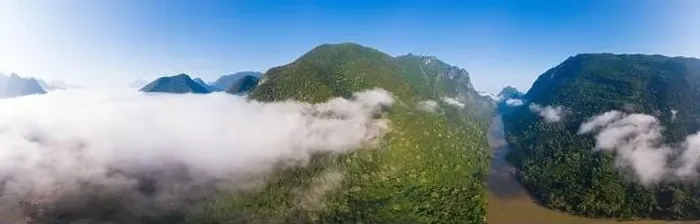 Framed Print : Aerial panoramic Nam Ou River drone flying over morning fog mist and clouds Framed Print : Aerial panoramic Nam Ou River drone flying over morning fog mist and clouds