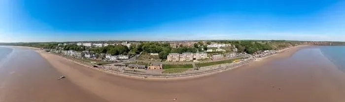 Framed Print : Aerial panoramic photo of the seaside village of Filey in the UK showing a wide view image of the sea front Framed Print : Aerial panoramic photo of the seaside village of Filey in the UK showing a wide view image of the sea front