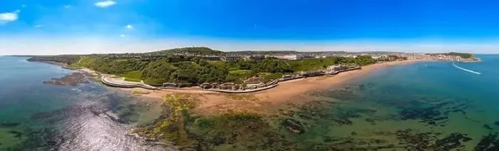 Framed Print : Aerial panoramic photo of the seaside village of Filey in the UK showing a wide view image of the sea front Framed Print : Aerial panoramic photo of the seaside village of Filey in the UK showing a wide view image of the sea front