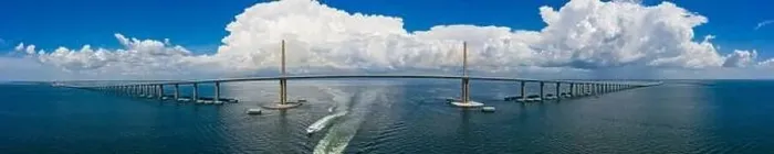 Framed Print : Aerial panoramic photo Sunshine Skyway cable suspended bridge suspension Tampa Bay FL USA Framed Print : Aerial panoramic photo Sunshine Skyway cable suspended bridge suspension Tampa Bay FL USA