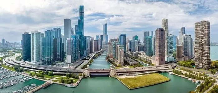Framed Print : Aerial panoramic photograph of downtown Chicago, Illinois, USA. September 9, 2023 Framed Print : Aerial panoramic photograph of downtown Chicago, Illinois, USA. September 9, 2023