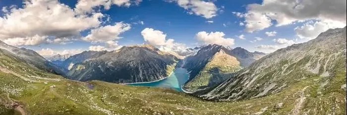 Framed Print : Aerial panoramic shot of Schlegeisspeicher glacier reservoir in zillertal alps in Austria Framed Print : Aerial panoramic shot of Schlegeisspeicher glacier reservoir in zillertal alps in Austria