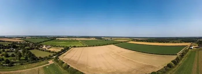 Framed Print : Aerial panoramic of the Suffolk countryside showing a wide range of different agricultural fields with a range of