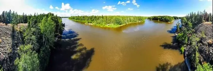 Framed Print : Aerial panoramic summer view of rapid Ahvionkoski at river Kymijoki, Finland Framed Print : Aerial panoramic summer view of rapid Ahvionkoski at river Kymijoki, Finland