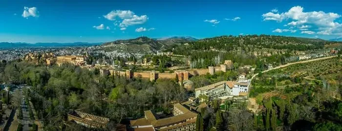 Framed Print : Aerial panoramic view of the Alhambra complex in Granada Spain with walls and towers and palaces Framed Print : Aerial panoramic view of the Alhambra complex in Granada Spain with walls and towers and palaces