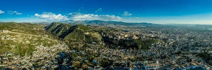 Framed Print : Aerial panoramic view of the Alhambra complex in Granada Spain with walls and towers and palaces Framed Print : Aerial panoramic view of the Alhambra complex in Granada Spain with walls and towers and palaces