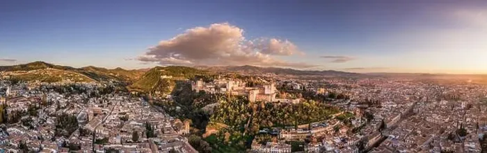Framed Print : Aerial panoramic view of the Alhambra complex in Granada Spain with walls and towers and palaces Framed Print : Aerial panoramic view of the Alhambra complex in Granada Spain with walls and towers and palaces