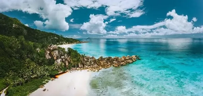 Framed Print : Aerial panoramic view of beautiful Grand Anse beach on La Digue island in Seychelles Framed Print : Aerial panoramic view of beautiful Grand Anse beach on La Digue island in Seychelles