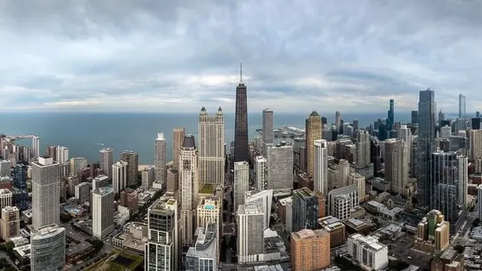 Framed Print : Aerial panoramic view of the city of Chicago skyline. Illinois, USA. September 24, 2024