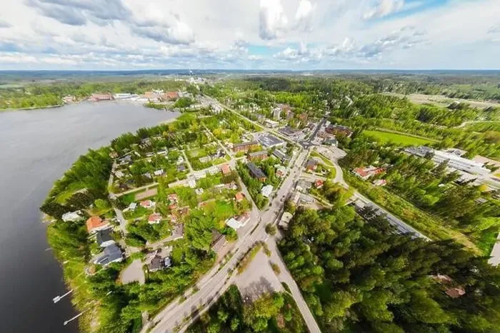 Framed Print : Aerial panoramic view of city Inkeroinen at river Kymijoki, Finland Framed Print : Aerial panoramic view of city Inkeroinen at river Kymijoki, Finland
