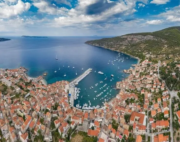 Framed Print : Aerial panoramic view of city Komiza - the one of numerous port towns in Croatia Framed Print : Aerial panoramic view of city Komiza - the one of numerous port towns in Croatia