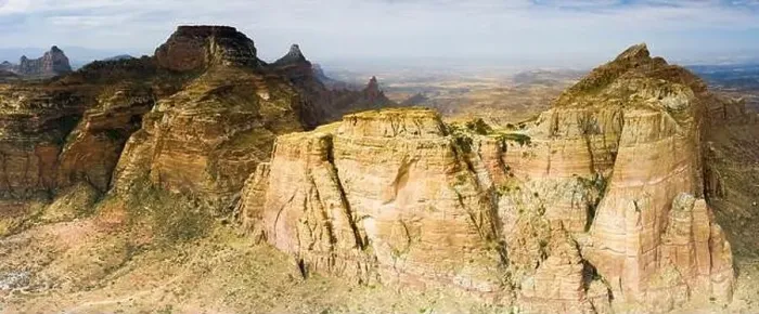 Framed Print : Aerial panoramic view by drone of majestic Gheralta Mountains canyons and cliffs, Tigray Region, Ethiopia, Africa
