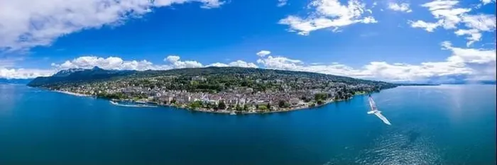 Framed Print : Aerial panoramic view of Evian (Evian-Les-Bains) city in Haute-Savoie in France Framed Print : Aerial panoramic view of Evian (Evian-Les-Bains) city in Haute-Savoie in France