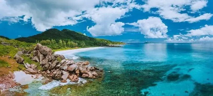 Framed Print : Aerial panoramic view of impressive Grand Anse beach on La Digue island in Seychelles Framed Print : Aerial panoramic view of impressive Grand Anse beach on La Digue island in Seychelles