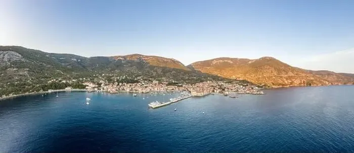 Framed Print : Aerial panoramic view of Komiza village coastline on Vis Island in Croatia sunset hour Framed Print : Aerial panoramic view of Komiza village coastline on Vis Island in Croatia sunset hour