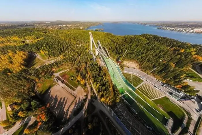 Framed Print : Aerial panoramic view of Lahti sports centre with three ski jump towers Framed Print : Aerial panoramic view of Lahti sports centre with three ski jump towers