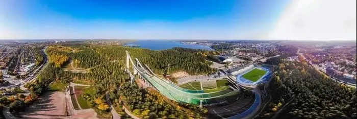 Framed Print : Aerial panoramic view of Lahti sports centre with three ski jump towers Framed Print : Aerial panoramic view of Lahti sports centre with three ski jump towers