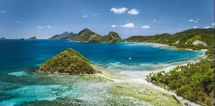 Framed Print : Aerial panoramic view of Las Cabanas beach and sea bay in El Nido, Palawan, Philippines