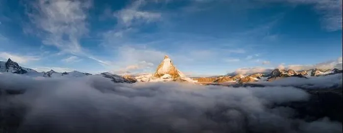 Framed Print : Aerial panoramic view of Matterhorn in autumn fog at dawn, Zermatt, Valais canton, Switzerland, Europe Framed Print : Aerial panoramic view of Matterhorn in autumn fog at dawn, Zermatt, Valais canton, Switzerland, Europe