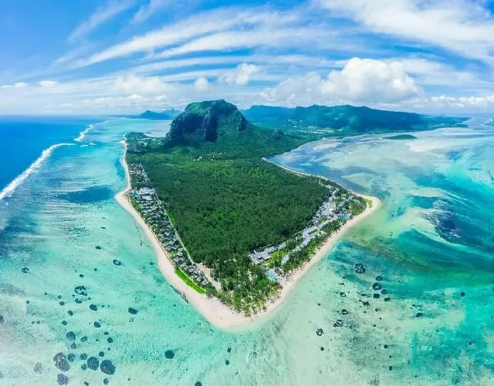 Framed Print : Aerial panoramic view of Mauritius island - Detail of Le Morne Brabant mountain with underwater waterfall perspective Framed Print : Aerial panoramic view of Mauritius island - Detail of Le Morne Brabant mountain with underwater waterfall perspective