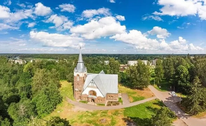 Framed Print : Aerial panoramic view to old lutheran church kirk Ryaysyalya designed by architect Joseph Stenback in style of Finnish Framed Print : Aerial panoramic view to old lutheran church kirk Ryaysyalya designed by architect Joseph Stenback in style of Finnish