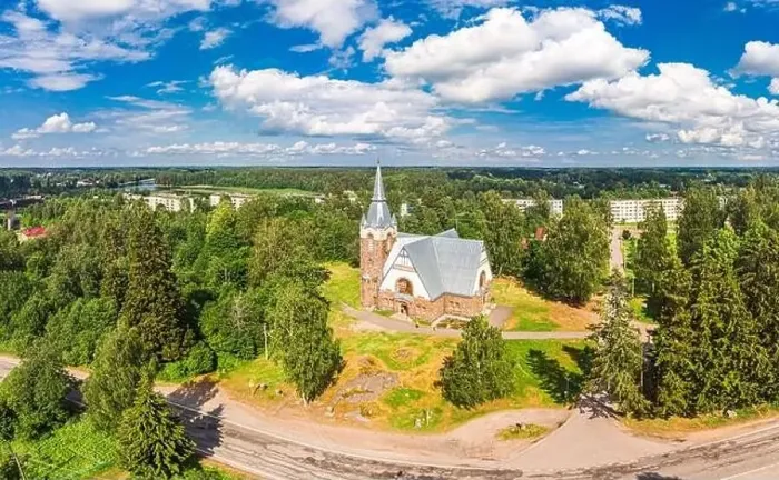 Framed Print : Aerial panoramic view to old lutheran church kirk Ryaysyalya designed by architect Joseph Stenback in style of Finnish Framed Print : Aerial panoramic view to old lutheran church kirk Ryaysyalya designed by architect Joseph Stenback in style of Finnish