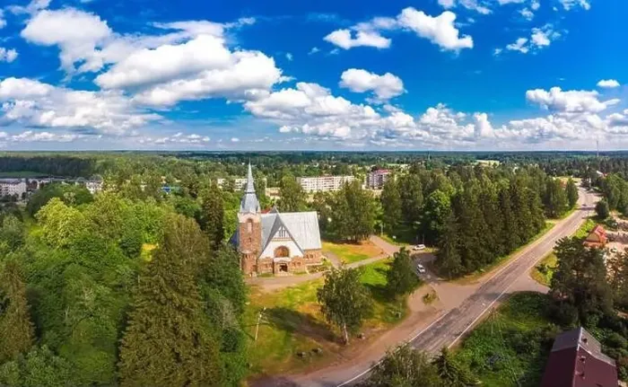 Framed Print : Aerial panoramic view to old lutheran church kirk Ryaysyalya designed by architect Joseph Stenback in style of Finnish Framed Print : Aerial panoramic view to old lutheran church kirk Ryaysyalya designed by architect Joseph Stenback in style of Finnish