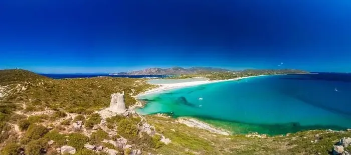 Framed Print : Aerial done panoramic view of Porto Giunco beach and tower in Villasimius, Sardinia, Italy Framed Print : Aerial done panoramic view of Porto Giunco beach and tower in Villasimius, Sardinia, Italy