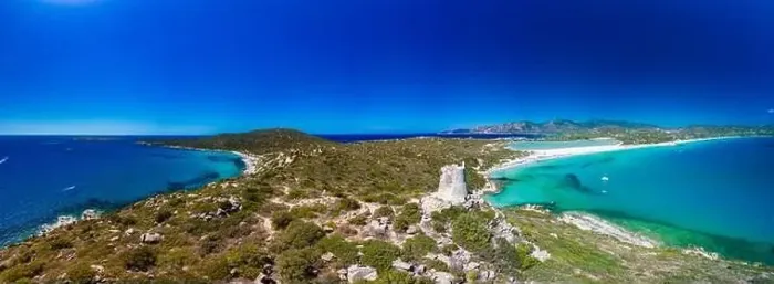 Framed Print : Aerial done panoramic view of Porto Giunco beach and tower in Villasimius, Sardinia, Italy Framed Print : Aerial done panoramic view of Porto Giunco beach and tower in Villasimius, Sardinia, Italy