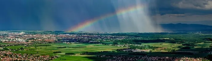 Framed Print : Aerial panoramic view of the rainbow over the green valley, Alsace, France Framed Print : Aerial panoramic view of the rainbow over the green valley, Alsace, France