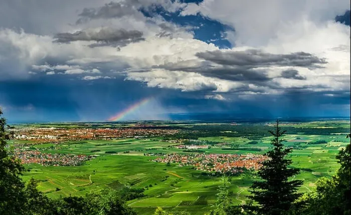 Framed Print : Aerial panoramic view of the rainbow over the green valley, drone shooting, Alsace, France Framed Print : Aerial panoramic view of the rainbow over the green valley, drone shooting, Alsace, France