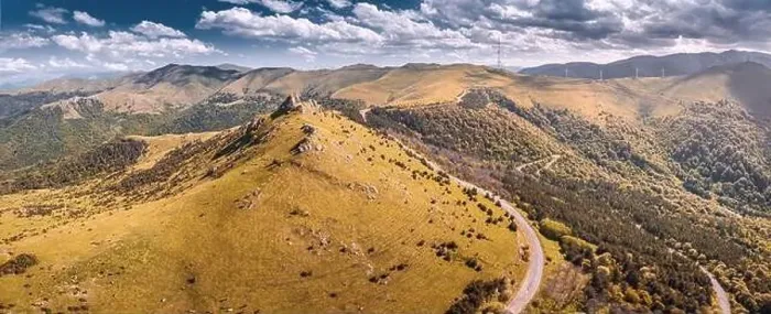 Framed Print : Aerial panoramic view over the serpentine mountain road near the Pushkin Pass in Armenia Framed Print : Aerial panoramic view over the serpentine mountain road near the Pushkin Pass in Armenia