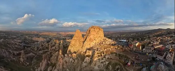 Framed Print : Aerial panoramic view of the Uchisar Castle in Cappadocia, Turkey during sunset Framed Print : Aerial panoramic view of the Uchisar Castle in Cappadocia, Turkey during sunset