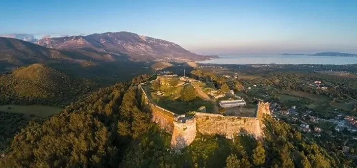 Framed Print : Aerial panoramic view of the Venetian castle of Saint George, Livathou, Kefalonia, Ionian Islands, Greece Framed Print : Aerial panoramic view of the Venetian castle of Saint George, Livathou, Kefalonia, Ionian Islands, Greece