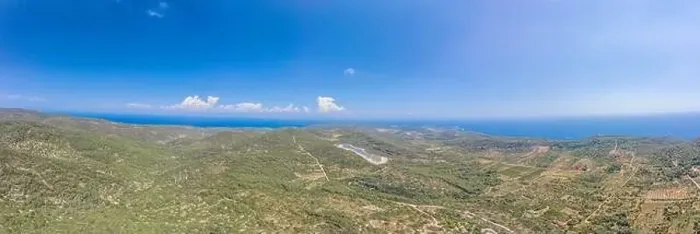 Framed Print : Aerial panoramic view of Vis Island Adriatic coastline horizon near Zena Glava village in Croatia summer