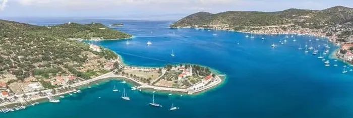 Framed Print : Aerial panoramic view of Vis Island port with St. Jeronima church prirovo beach and Adriatic coastline in summer Framed Print : Aerial panoramic view of Vis Island port with St. Jeronima church prirovo beach and Adriatic coastline in summer