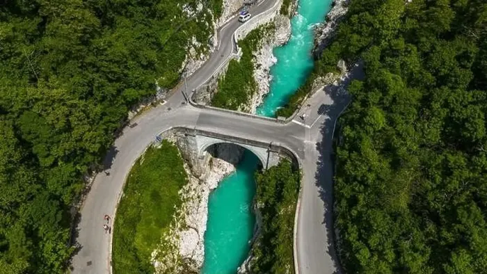 Framed Print : Aerial Perspective: Napoleon Bridge Spanning Turquoise Soca River, Slovenia Framed Print : Aerial Perspective: Napoleon Bridge Spanning Turquoise Soca River, Slovenia
