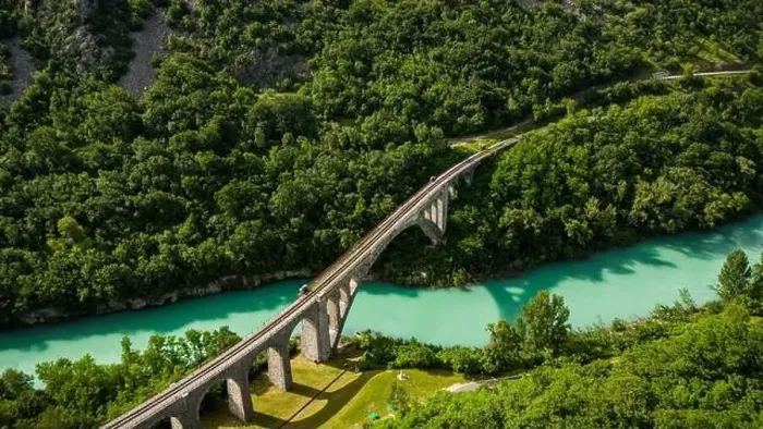 Framed Print : Aerial Perspective: Solkan Rail Stone Bridge Over River Soca, Slovenia