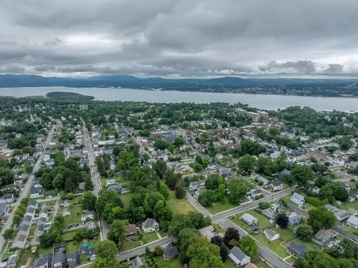 Framed Print : Aerial photo over Beacon, NY on a cloudy, overcast summer afternoon
