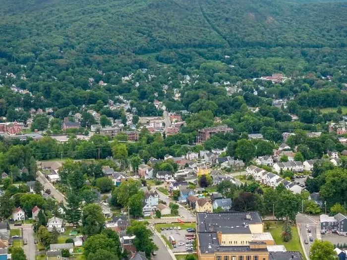 Framed Print : Aerial photo over Beacon, NY on a cloudy, overcast summer afternoon