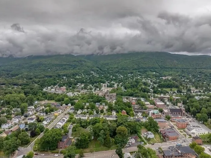 Framed Print : Aerial photo over Beacon, NY on a cloudy, overcast summer afternoon