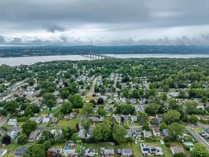 Framed Print : Aerial photo over Beacon, NY on a cloudy, overcast summer afternoon